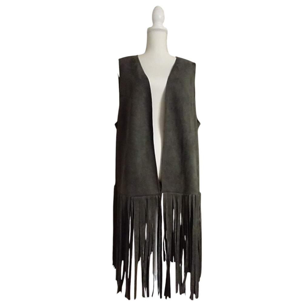 Olive Green and Black Long Fringe Vest